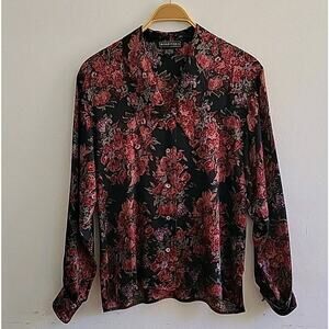Baldanza Allover Floral Silk Satin Point Collar Blouse Preppy Retro Secretary